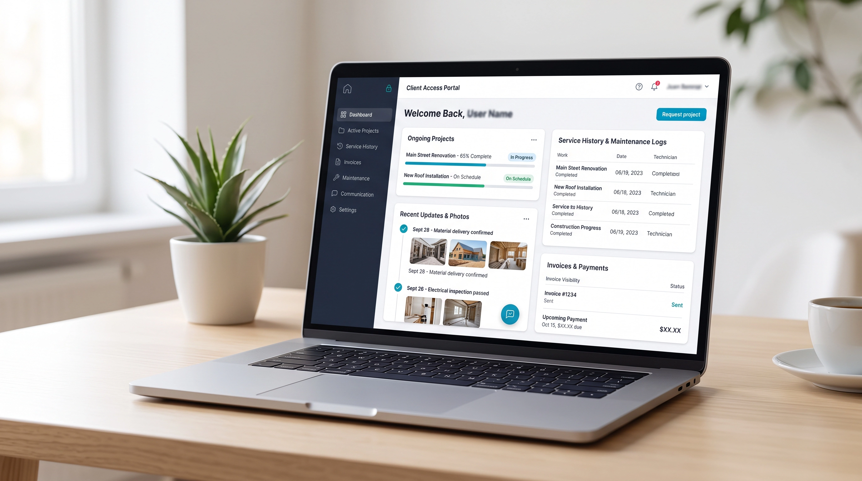 Client portal for project updates and service communication.
