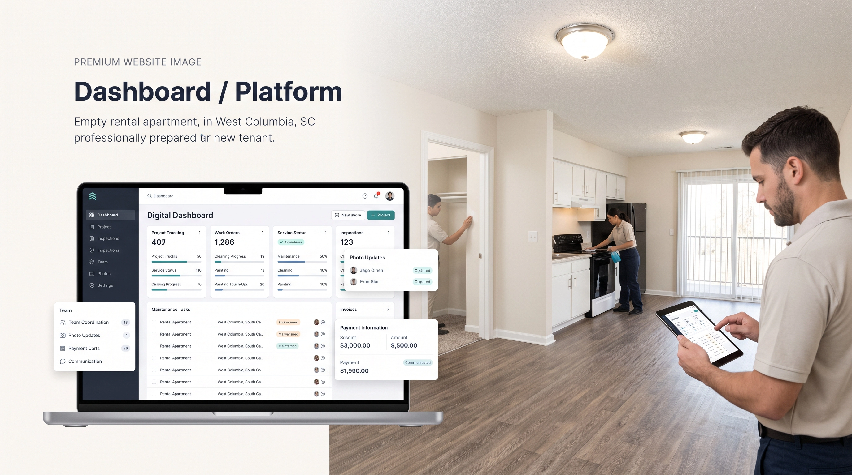 Digital dashboard for property service scheduling and updates.
