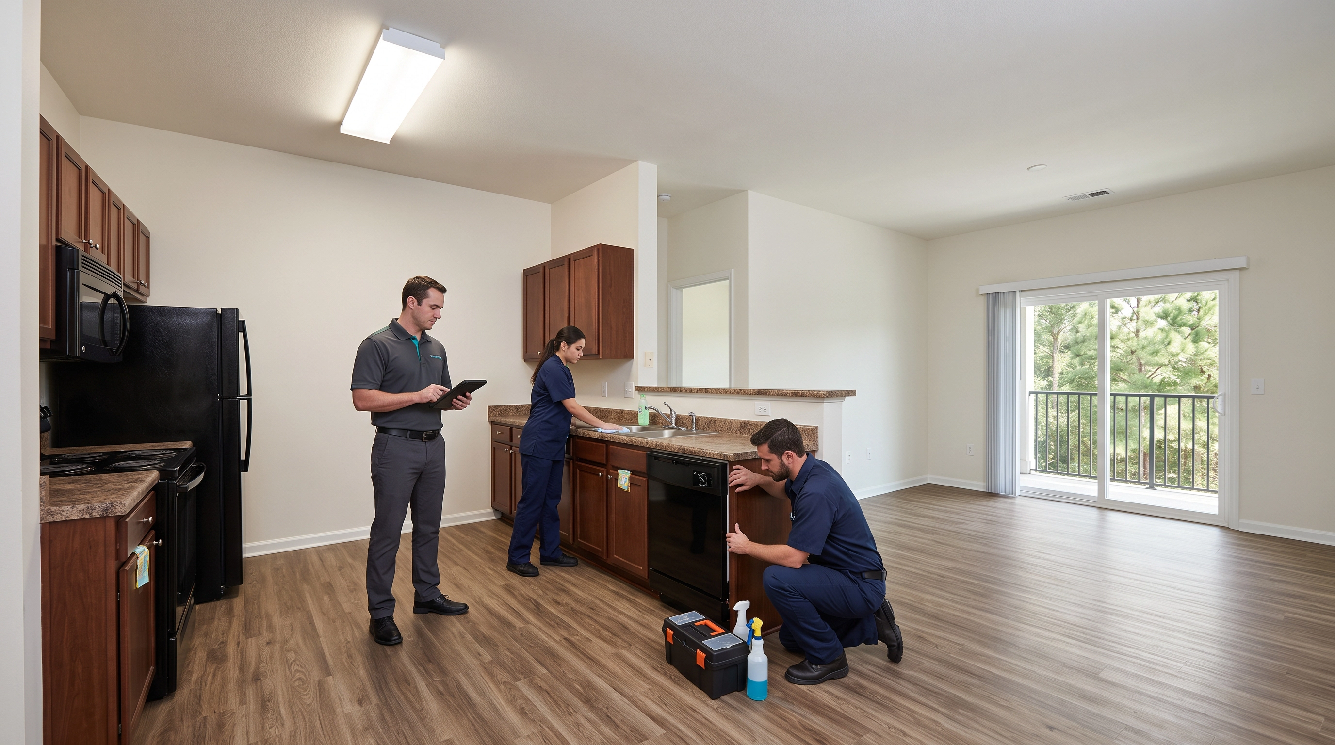 Diverse property service team preparing apartments for rent.